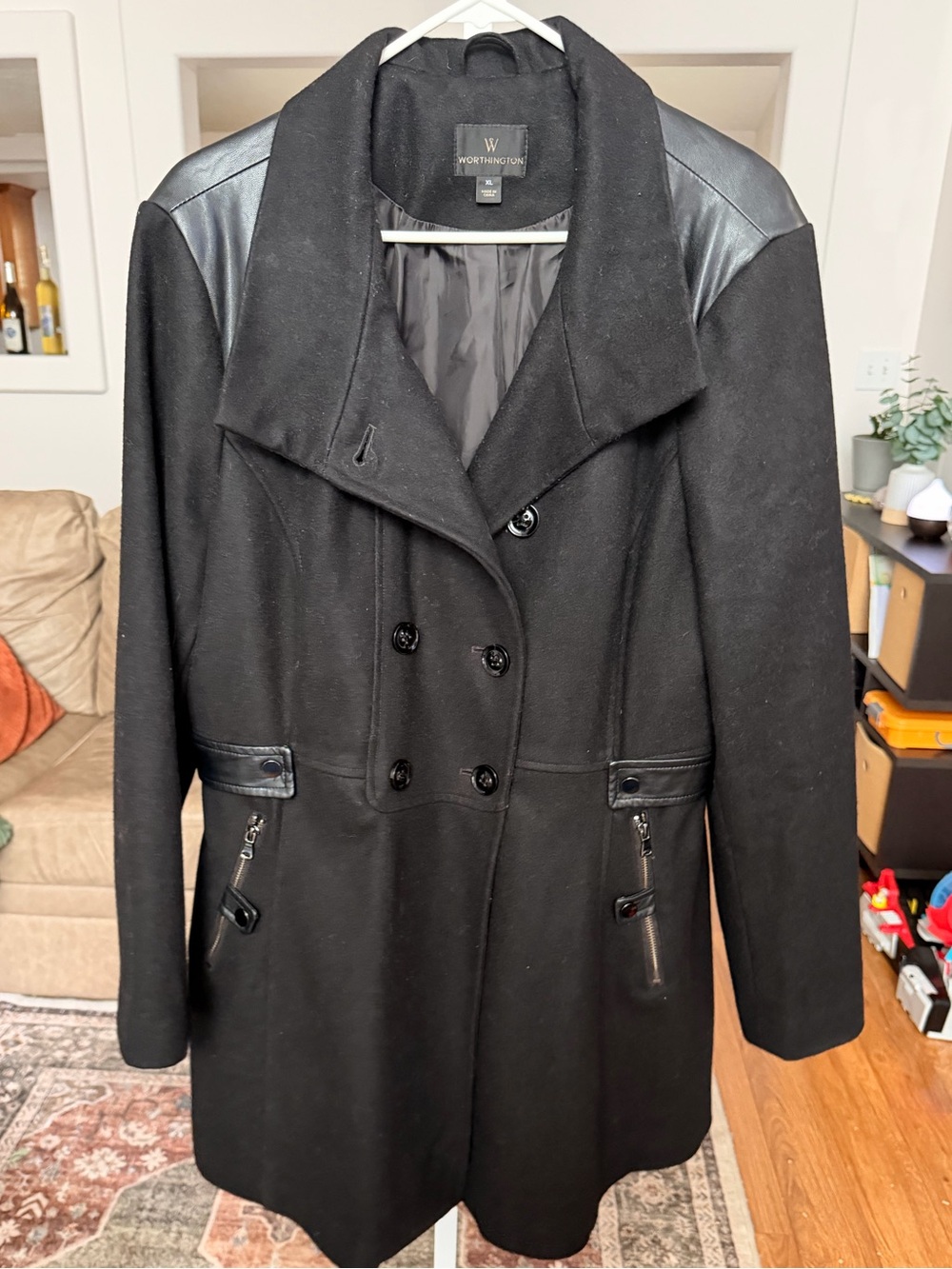 Worthington Black Double-Breasted Wool-Blend Pea Coat with Faux Leather Trim XL